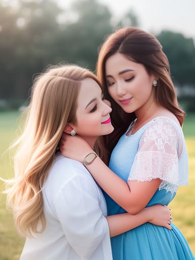  two sisters hugging each other one has blonde hair. one has brown hair , hyperrealistic, high quality, highly detailed, cinematic lighting, intricate, sharp focus, f/1. 8, 85mm, (centered image composition), (professionally color graded), ((bright soft diffused light)), volumetric fog, trending on instagram, HDR 4K, 8K