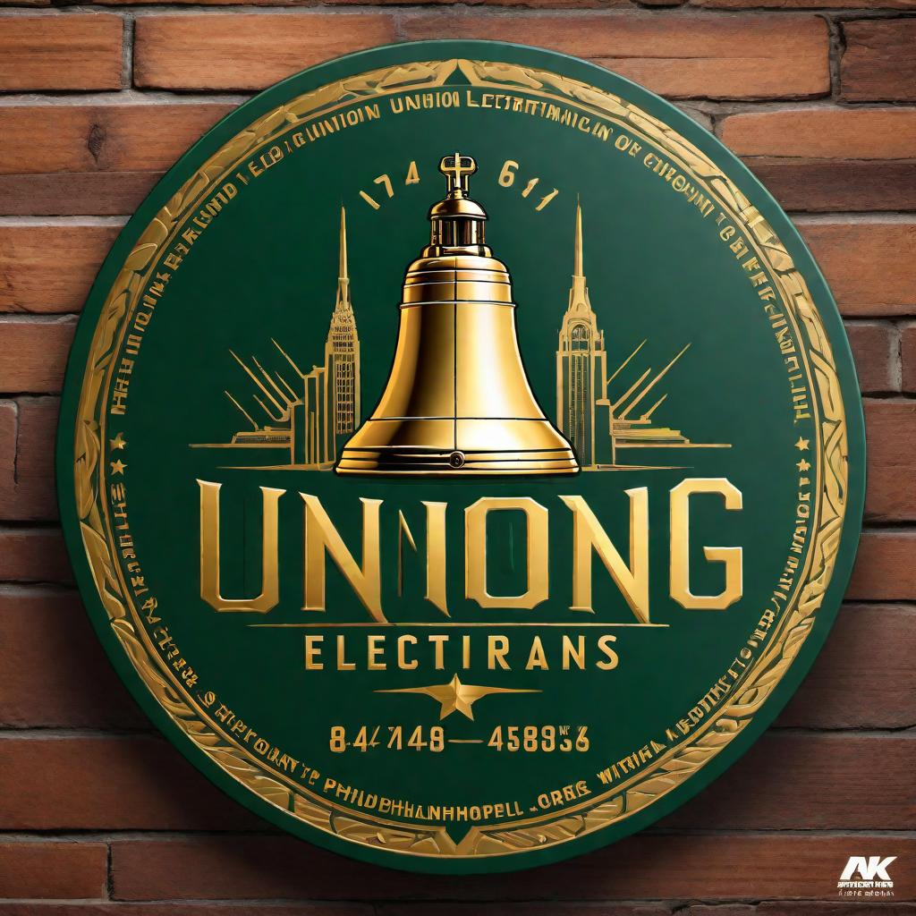  Create a logo for Union Electricians in Philadelphia. The logo should feature iconic Philadelphia landmarks like Liberty Bell or Philadelphia skyline, along with electrician tools like a wire cutter and a lightbulb. Incorporate the text 'Union Electricians' in a bold and modern font. The color scheme should include green and gold, symbolizing growth and excellence. hyperrealistic, full body, detailed clothing, highly detailed, cinematic lighting, stunningly beautiful, intricate, sharp focus, f/1. 8, 85mm, (centered image composition), (professionally color graded), ((bright soft diffused light)), volumetric fog, trending on instagram, trending on tumblr, HDR 4K, 8K