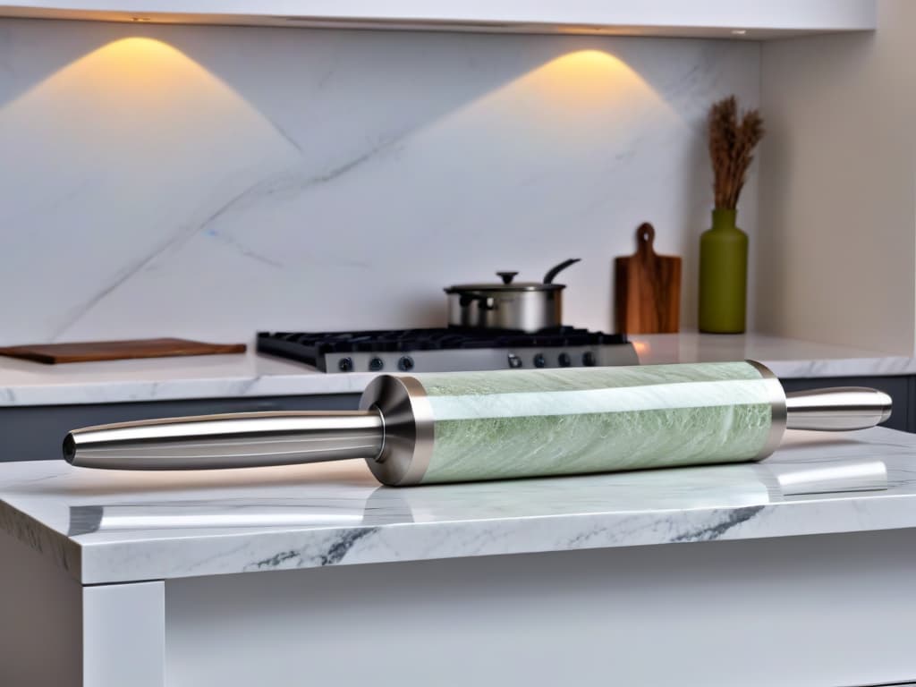  An ultradetailed photorealistic image showcasing a sleek, modern kitchen countertop. On one side, a luxurious marble rolling pin rests elegantly, exuding sophistication and tradition. On the other side, a gleaming stainless steel rolling pin stands with a contemporary and professional allure. The backdrop features soft lighting that accentuates the textures and details of both materials, inviting the viewer to ponder the choice between classic elegance and modern efficiency. hyperrealistic, full body, detailed clothing, highly detailed, cinematic lighting, stunningly beautiful, intricate, sharp focus, f/1. 8, 85mm, (centered image composition), (professionally color graded), ((bright soft diffused light)), volumetric fog, trending on instagram, trending on tumblr, HDR 4K, 8K