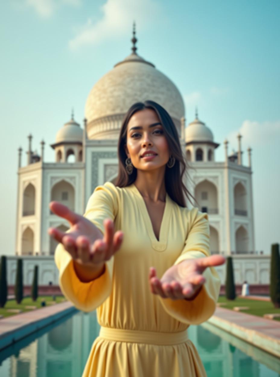  good quality, high quality, an indian woman wearing a light yellow, long sleeved outfit poses gracefully against taj mahal with dusky clouds background. her hands are extended towards the camera, creating a dynamic and immersive perspective. the focus is on the woman, with a slight blur on her hands to enhance depth. the lighting is natural, casting soft shadows and enhancing the serene, airy mood. the composition features a low angle shot that emphasizes her movement and expression, conveying a sense of freedom and elegance. the dominant color scheme is various shades of blue, blending harmoniously with the sky.