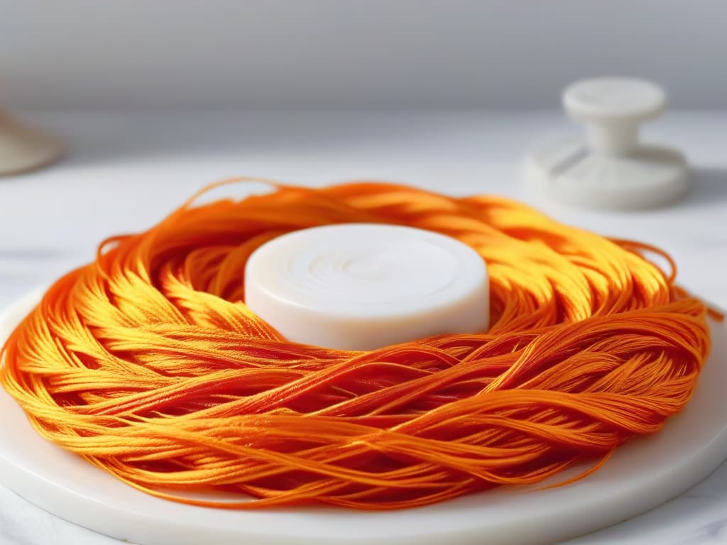  A closeup, ultradetailed image of a delicate, goldenhued saffron thread gently intertwined with a vibrant orange zest curl on a sleek, modern white marble countertop. The intricate, translucent fibers of the saffron thread are glistening under a soft, diffused light, showcasing their rich color and luxurious texture. The background is blurred to emphasize the elegant simplicity of the ingredients, evoking a sense of sophistication and refinement in pastrymaking. hyperrealistic, full body, detailed clothing, highly detailed, cinematic lighting, stunningly beautiful, intricate, sharp focus, f/1. 8, 85mm, (centered image composition), (professionally color graded), ((bright soft diffused light)), volumetric fog, trending on instagram, trending on tumblr, HDR 4K, 8K