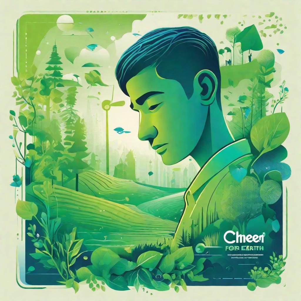  masterpiece, best quality,Background design: fresh green and blue gradient, representing harmony between nature and society. Core image design: a young man organizes an online environmental campaign through the network of Wopi. He uses smart devices to showcase his environmental projects, and the screen displays the slogan "cheer for the earth". The figure occupies the right half of the image and faces left.