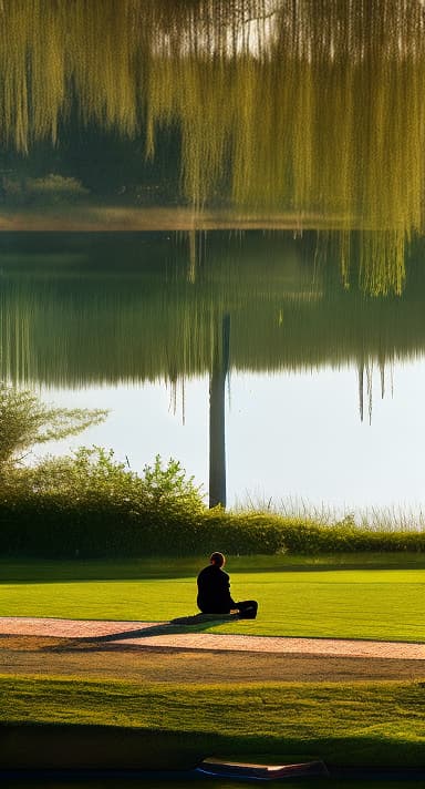  Beneath a swaying willow tree, a solitary figure gazes upon a shimmering pond, deep in contemplation and longing