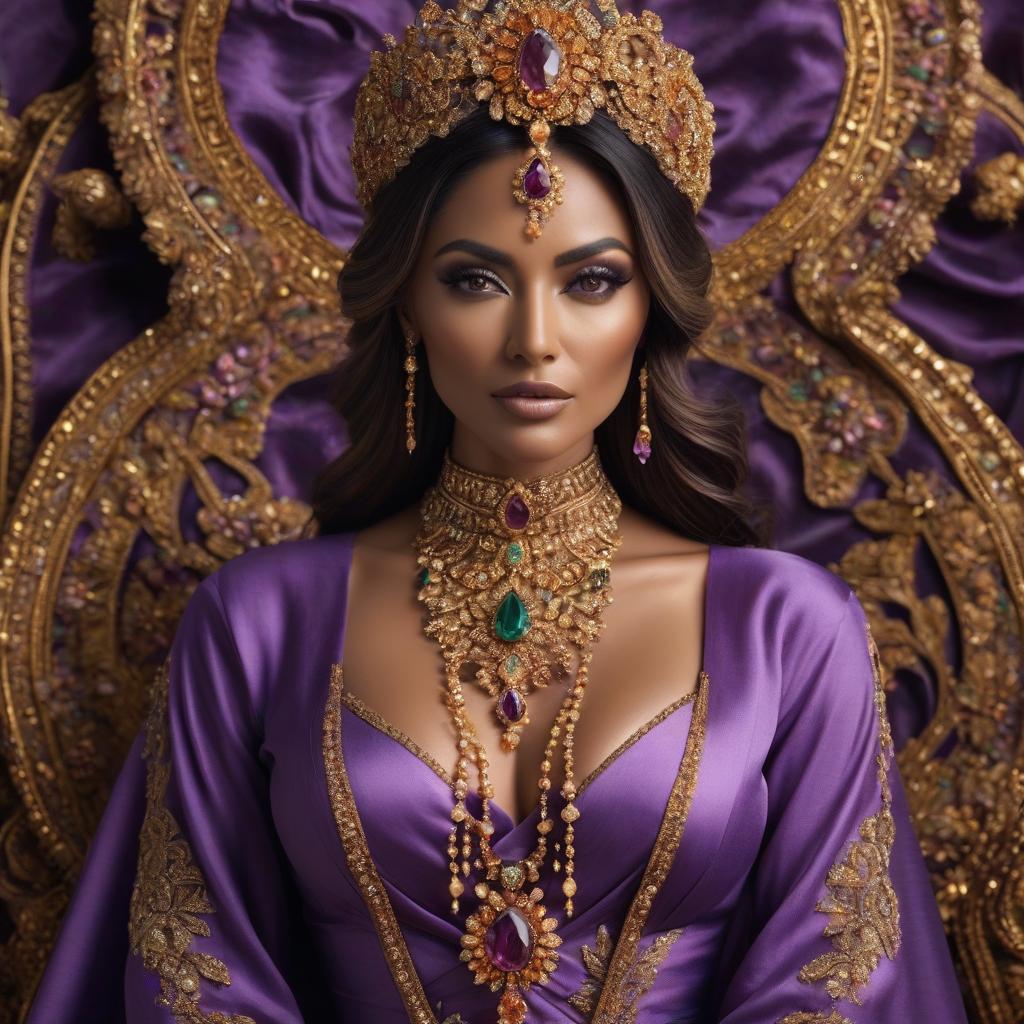  Melian. Purple silk linen. Topaz, diamonds, quartzite, amber, topaz, emerald. hyperrealistic, full body, detailed clothing, highly detailed, cinematic lighting, stunningly beautiful, intricate, sharp focus, f/1. 8, 85mm, (centered image composition), (professionally color graded), ((bright soft diffused light)), volumetric fog, trending on instagram, trending on tumblr, HDR 4K, 8K