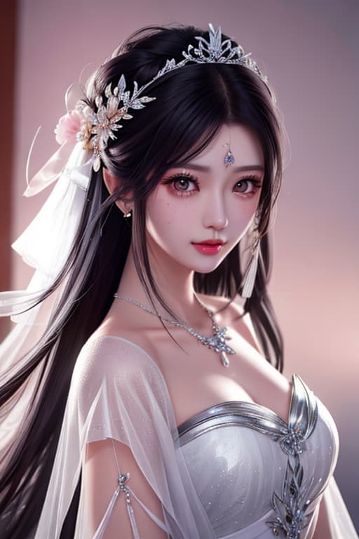  portrait of a beautiful Asian fairy big dark eyes, black hair with tiara, wearing a white low cut dress , freckles, staring at the viewer, full frontal view, soft lips, age,misty light, 8k, realistic photography, buxom, strapless, selfie, small silver necklace hyperrealistic, full body, detailed clothing, highly detailed, cinematic lighting, stunningly beautiful, intricate, sharp focus, f/1. 8, 85mm, (centered image composition), (professionally color graded), ((bright soft diffused light)), volumetric fog, trending on instagram, trending on tumblr, HDR 4K, 8K