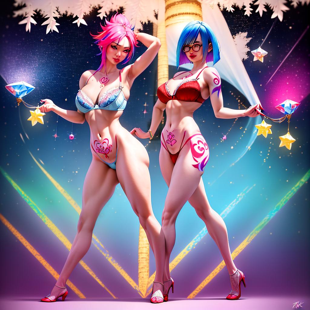  (full-body photo), a Thai woman standing in a snow covearea with crystal, smile, blue asymmetrical bob with pink hair highlighting, breasts, lipstick, (white+red bra and G-String:1.3), sky, optic glasses, tree, (colorful tattoos:1.35), starry sky, Christmas, crystal park, sexy pose, ((finely detailed face)), professional photoshoot, muse, perfect anatomy, perfectly shapely body, detailed background, perfect body parts, perfect proportions, hyper-realism, professional compositions, perfect lighting, masterpiece, award winning, 8k, best quality, hyperrealistic