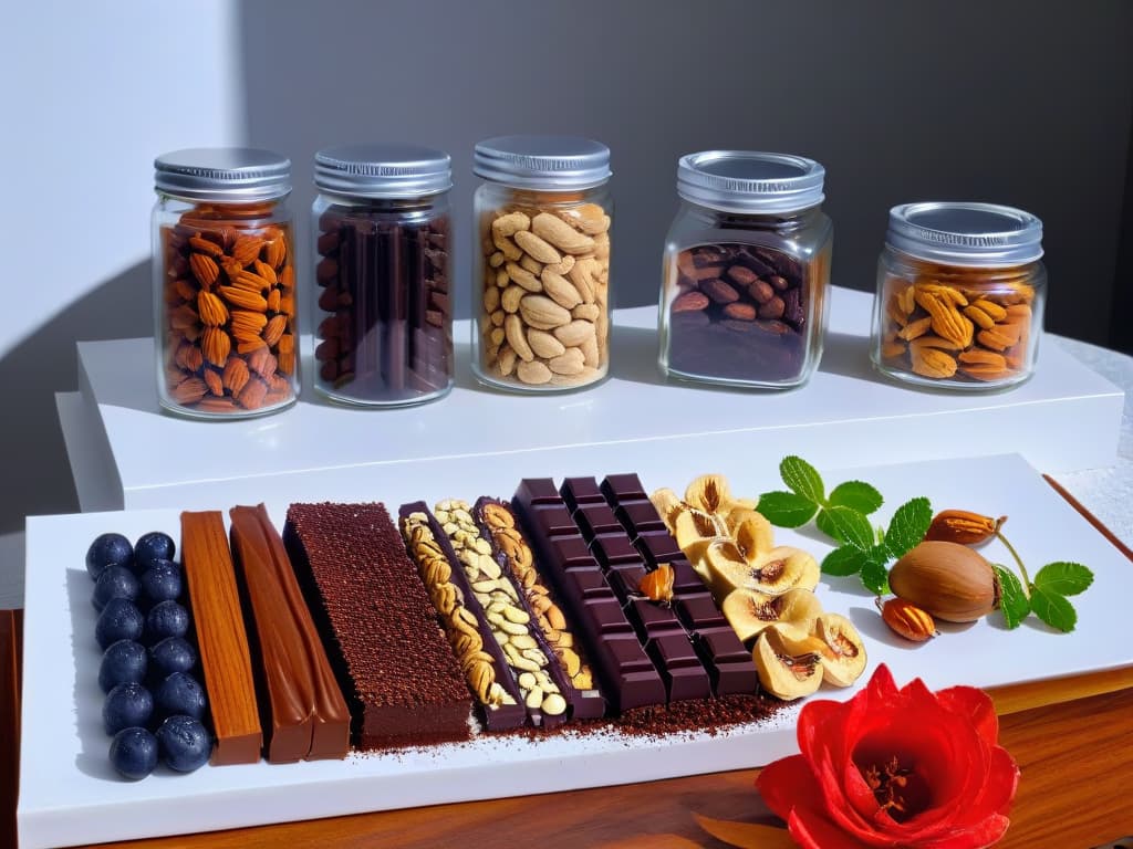  An ultradetailed image of a sleek and modern kitchen countertop with an assortment of highquality dark chocolate bars, shiny cocoa beans, and elegant glass jars filled with various nuts and dried fruits, all beautifully arranged with soft, natural lighting casting gentle shadows, creating a sophisticated and luxurious ambiance. hyperrealistic, full body, detailed clothing, highly detailed, cinematic lighting, stunningly beautiful, intricate, sharp focus, f/1. 8, 85mm, (centered image composition), (professionally color graded), ((bright soft diffused light)), volumetric fog, trending on instagram, trending on tumblr, HDR 4K, 8K