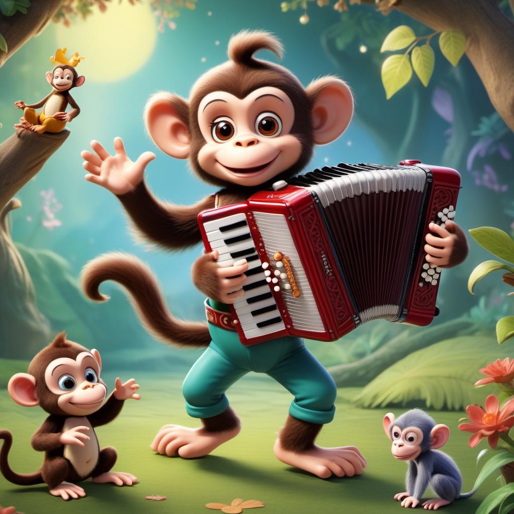 fairy tale a cartoon character is playing an accordion with a small animal in front of him and a toy monkey in the background, Andries Both, promotional image, a screenshot, regionalism . magical, fantastical, enchanting, storybook style, highly detailed