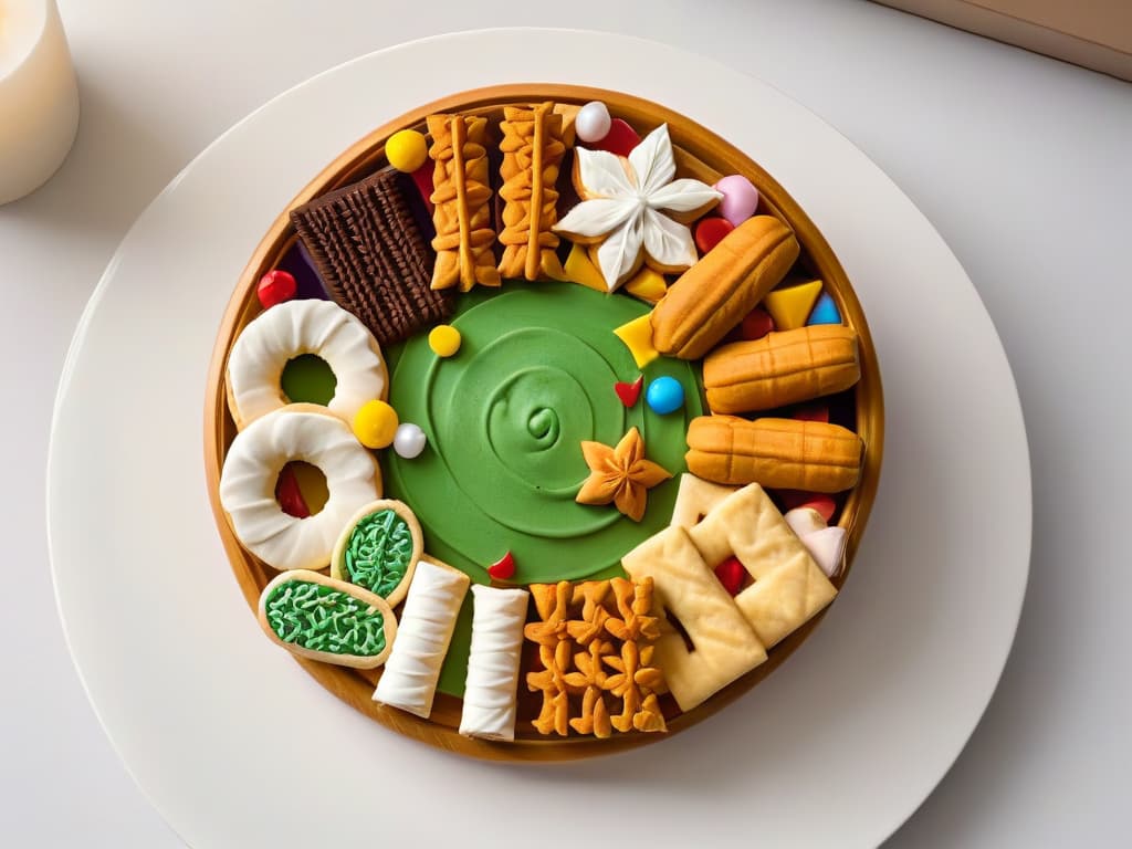  An intricately designed cookie platter, featuring a variety of traditional cookies from different countries arranged in a circular pattern. Each cookie is delicately decorated with vibrant colors and intricate patterns that represent the unique cultural heritage of its origin. The platter is set against a simple, white background, emphasizing the beauty and diversity of these sweet treats from around the world. hyperrealistic, full body, detailed clothing, highly detailed, cinematic lighting, stunningly beautiful, intricate, sharp focus, f/1. 8, 85mm, (centered image composition), (professionally color graded), ((bright soft diffused light)), volumetric fog, trending on instagram, trending on tumblr, HDR 4K, 8K