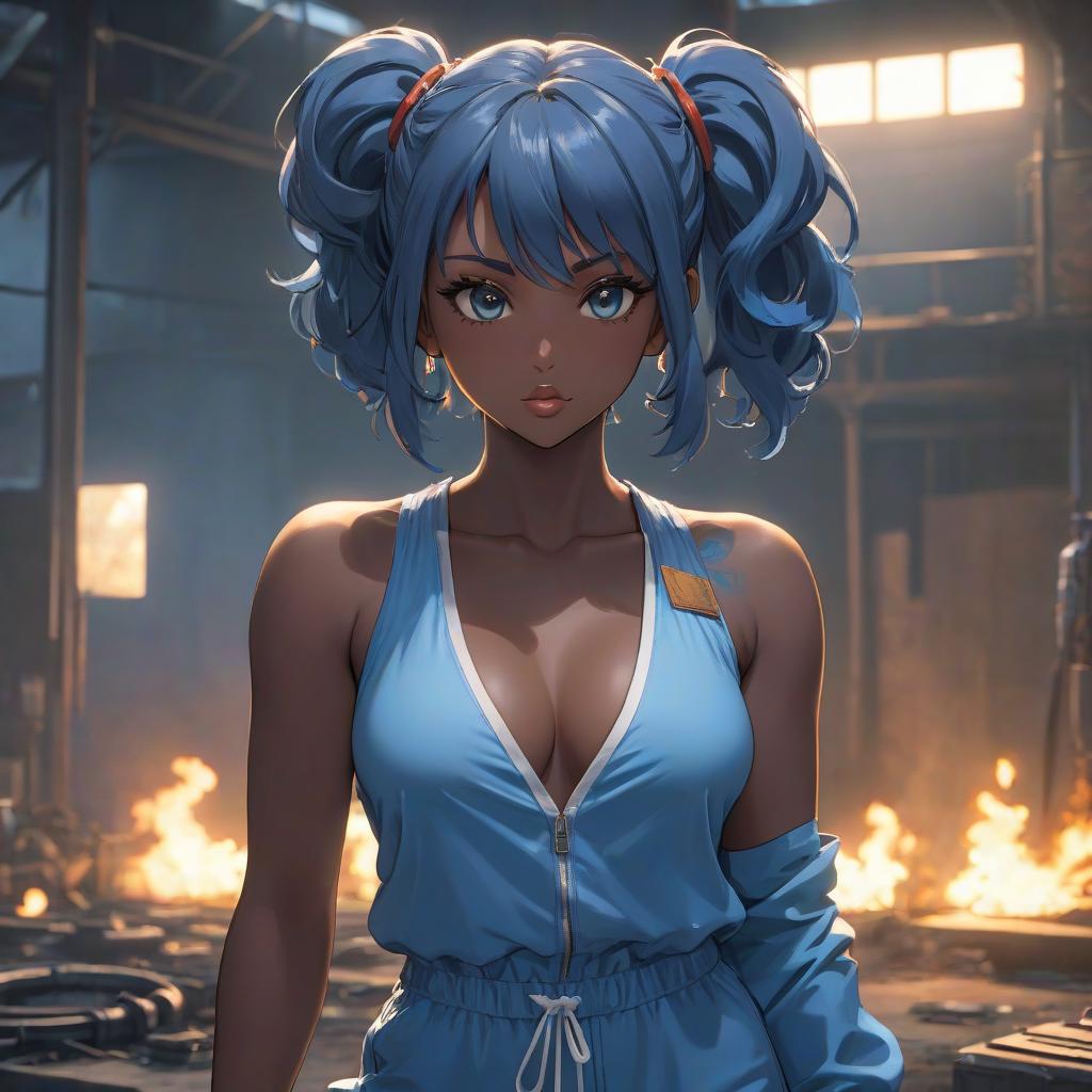  anime artwork A dark skinned girl. White tank tops. A blue jumpsuit. Mechanic. Cigarette in mouth. Post apocalypse . anime style, key visual, vibrant, studio anime, highly detailed hyperrealistic, full body, detailed clothing, highly detailed, cinematic lighting, stunningly beautiful, intricate, sharp focus, f/1. 8, 85mm, (centered image composition), (professionally color graded), ((bright soft diffused light)), volumetric fog, trending on instagram, trending on tumblr, HDR 4K, 8K