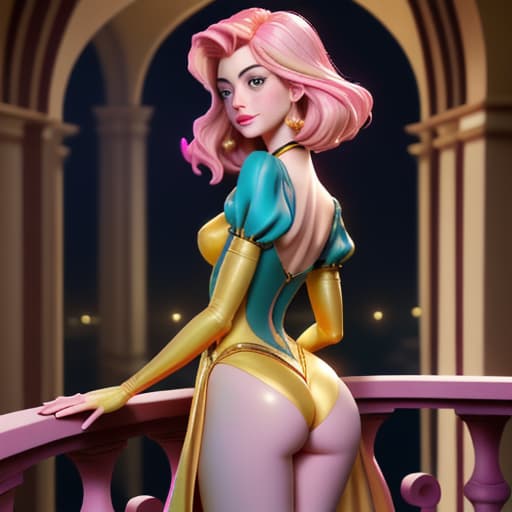  Anne Hathaway as Disney-like with amazing figures in bodytight,glittering,pink-yellow skinny short silk seen from the back showing some , deep over balcony of her palace