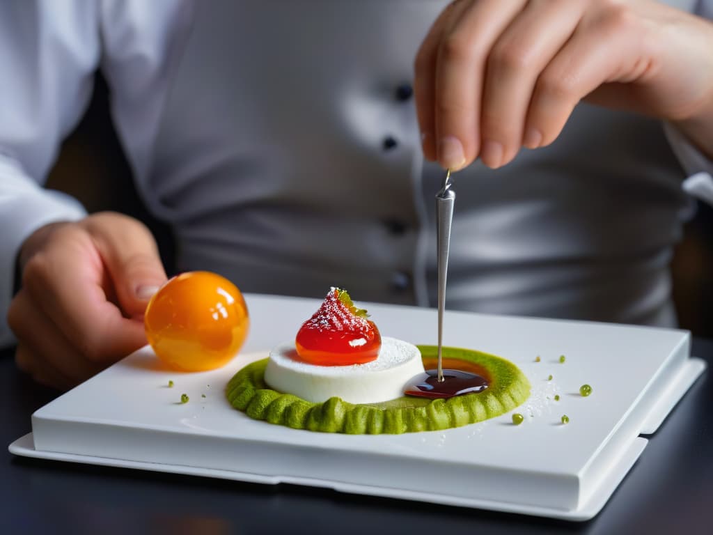  A closeup, ultradetailed image of a hand using precision tweezers to delicately place a tiny droplet of molecular gastronomy sauce on a fine dessert. The focus is on the intricate movements of the hand and the meticulous attention to detail, showcasing the precision required in molecular pastry making. The background is blurred to emphasize the main subject, creating a minimalistic and professional aesthetic. hyperrealistic, full body, detailed clothing, highly detailed, cinematic lighting, stunningly beautiful, intricate, sharp focus, f/1. 8, 85mm, (centered image composition), (professionally color graded), ((bright soft diffused light)), volumetric fog, trending on instagram, trending on tumblr, HDR 4K, 8K