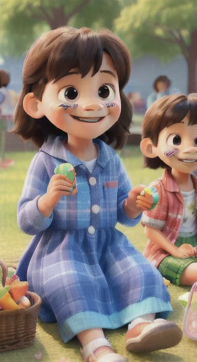  {Kids sitting around a picnic blanket, enjoying juice boxes and snacks., Children happily eating snacks, with crumbs on their faces and big smiles.