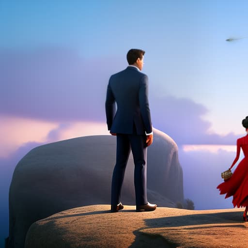 modern disney style Businessman and Girl hyperrealistic, full body, detailed clothing, highly detailed, cinematic lighting, stunningly beautiful, intricate, sharp focus, f/1. 8, 85mm, (centered image composition), (professionally color graded), ((bright soft diffused light)), volumetric fog, trending on instagram, trending on tumblr, HDR 4K, 8K