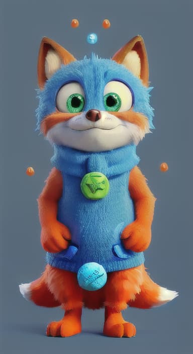  {Error the fox pressing the blue button with his paw, looking puzzled as nothing occurs., Error is a small, bright orange fox with a fluffy tail and big, inquisitive eyes. He has a mischievous yet kind expression and wears a tiny green scarf.