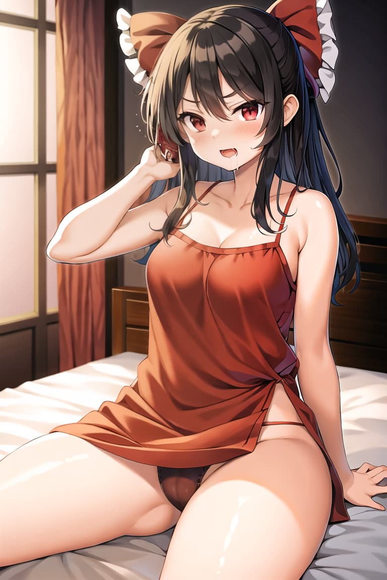  master piece , best quality,Touhou Project,Reimu Hakurei,black hair,camisole,come face,troubled eyebrows,drooling a lot,open crotch,sitting on bed