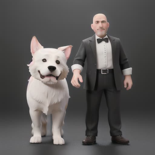  A middle-aged bald man with its tall dog black and white, short hair hyperrealistic, full body, detailed clothing, highly detailed, cinematic lighting, stunningly beautiful, intricate, sharp focus, f/1. 8, 85mm, (centered image composition), (professionally color graded), ((bright soft diffused light)), volumetric fog, trending on instagram, trending on tumblr, HDR 4K, 8K