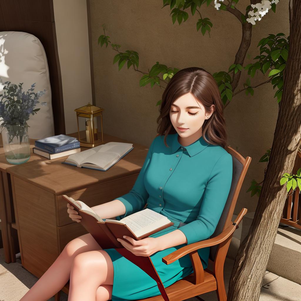  A beautiful woman is sitting on a chair reading a book