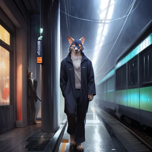  masterpiece, best quality, perfect anatomy, bright eyes, watery 、by t.y.stars, by null ghost, by k0bit0wani, furry, dog, (felis:0.25), male, solo, baggy clothing, (open smile:1.1), gentle, looking at viewer, train station, rain, (waterdrop:0.9), grey sky, raining, (fog:0.4), detailed background hyperrealistic, full body, detailed clothing, highly detailed, cinematic lighting, stunningly beautiful, intricate, sharp focus, f/1. 8, 85mm, (centered image composition), (professionally color graded), ((bright soft diffused light)), volumetric fog, trending on instagram, trending on tumblr, HDR 4K, 8K