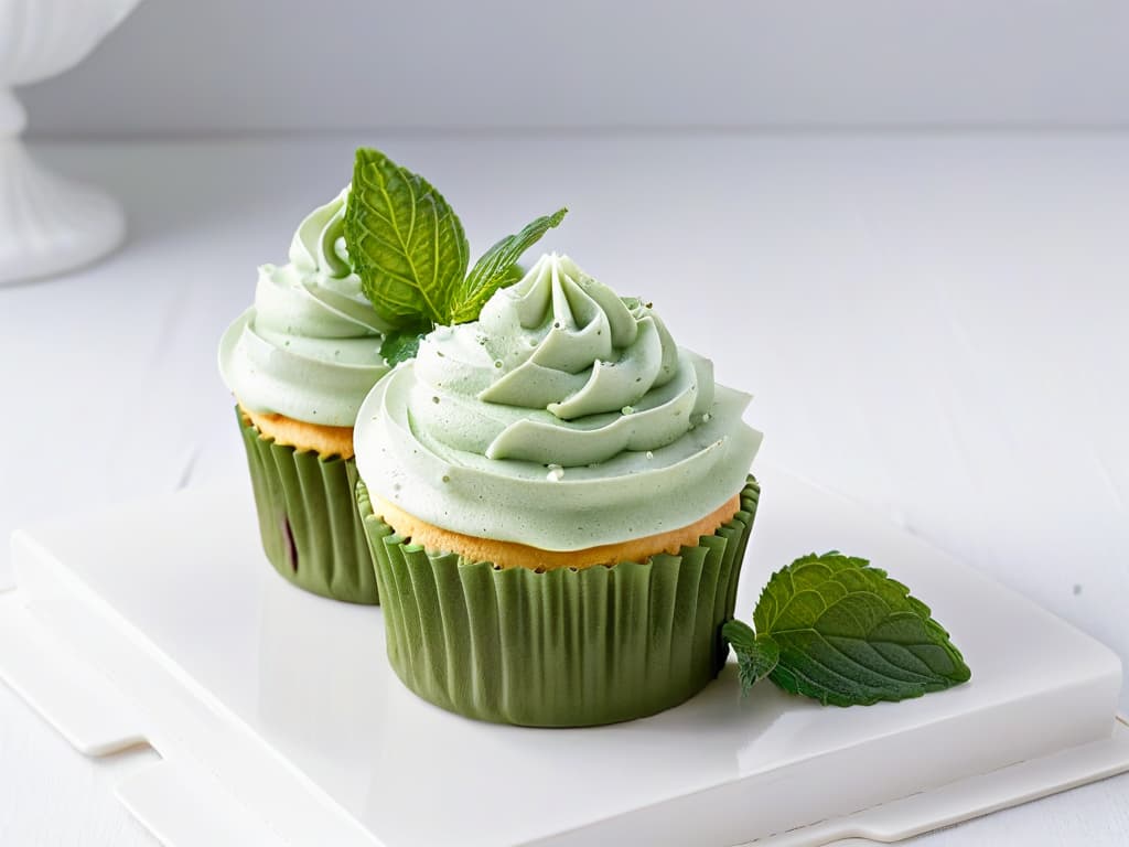  A closeup, ultradetailed image of a perfectly frosted cupcake, topped with a single vibrant raspberry and a delicate mint leaf, all set on a sleek, modern white plate. The frosting is swirled elegantly, showcasing intricate details and a glossy finish that reflects soft ambient light. The raspberry glistens with freshness, its tiny seeds visible, and the mint leaf curls gracefully, adding a touch of green against the pristine white backdrop. hyperrealistic, full body, detailed clothing, highly detailed, cinematic lighting, stunningly beautiful, intricate, sharp focus, f/1. 8, 85mm, (centered image composition), (professionally color graded), ((bright soft diffused light)), volumetric fog, trending on instagram, trending on tumblr, HDR 4K, 8K