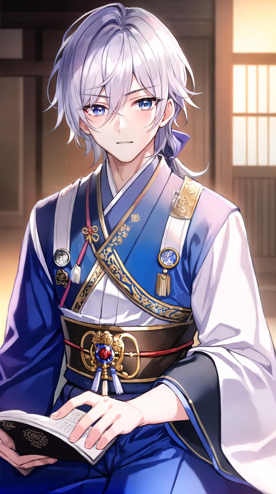  ((((masterpiece)))), best quality, very_high_resolution, ultra-detailed, in-frame, handsome, soft-looking, young man, silver hair, blue eyes, half-up hairstyle, traditional Japanese clothing,, blue clothing, eyepatch on right eye, beautiful eyelashes, burn scar on right eye, prince-like