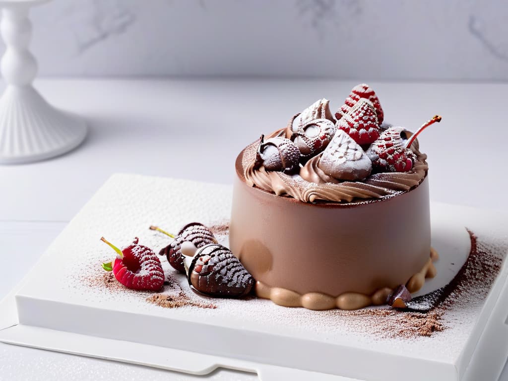  A highresolution, ultradetailed image of a decadent lowfat chocolate mousse artfully garnished with fresh raspberries and a dusting of cocoa powder. The mousse sits in an elegant glass dessert cup, set on a sleek white marble countertop with a soft focus on a background featuring a modern kitchen with stainless steel appliances. The lighting is soft and diffused, highlighting the rich texture and glossy appearance of the dessert, inviting the viewer to indulge visually in this guiltfree treat. hyperrealistic, full body, detailed clothing, highly detailed, cinematic lighting, stunningly beautiful, intricate, sharp focus, f/1. 8, 85mm, (centered image composition), (professionally color graded), ((bright soft diffused light)), volumetric fog, trending on instagram, trending on tumblr, HDR 4K, 8K