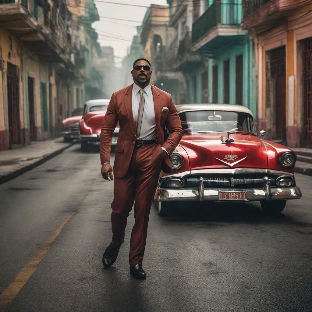  Cuba as a villain hyperrealistic, full body, detailed clothing, highly detailed, cinematic lighting, stunningly beautiful, intricate, sharp focus, f/1. 8, 85mm, (centered image composition), (professionally color graded), ((bright soft diffused light)), volumetric fog, trending on instagram, trending on tumblr, HDR 4K, 8K