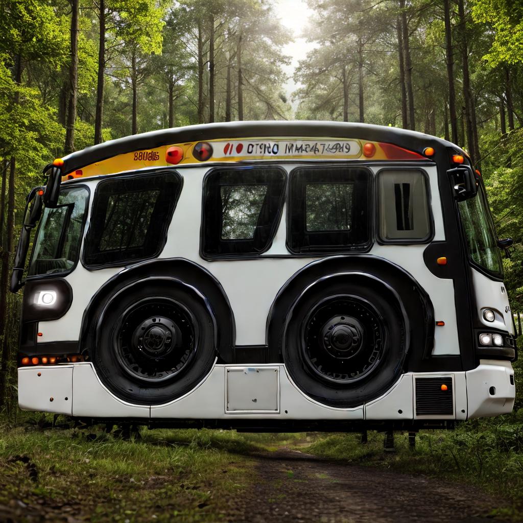  A bus driving on a road in a forest, with detailed foliage and trees, sharp focus, realistic lighting, and a clear view of the bus and its surroundings. style RAW, sideview, best quality, masterpiece