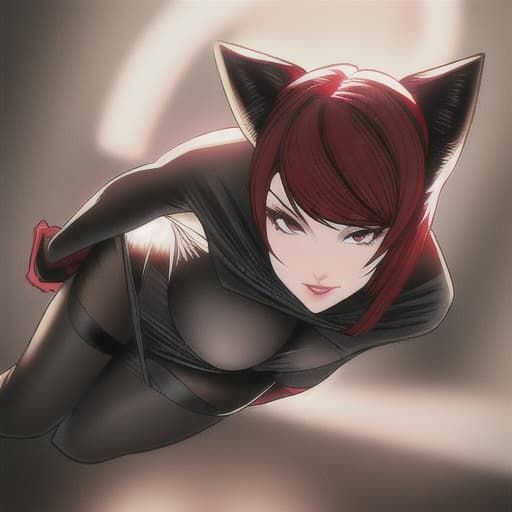  catwoman , short red hair with bangs , cute, round face hyperrealistic, full body, detailed clothing, highly detailed, cinematic lighting, stunningly beautiful, intricate, sharp focus, f/1. 8, 85mm, (centered image composition), (professionally color graded), ((bright soft diffused light)), volumetric fog, trending on instagram, trending on tumblr, HDR 4K, 8K