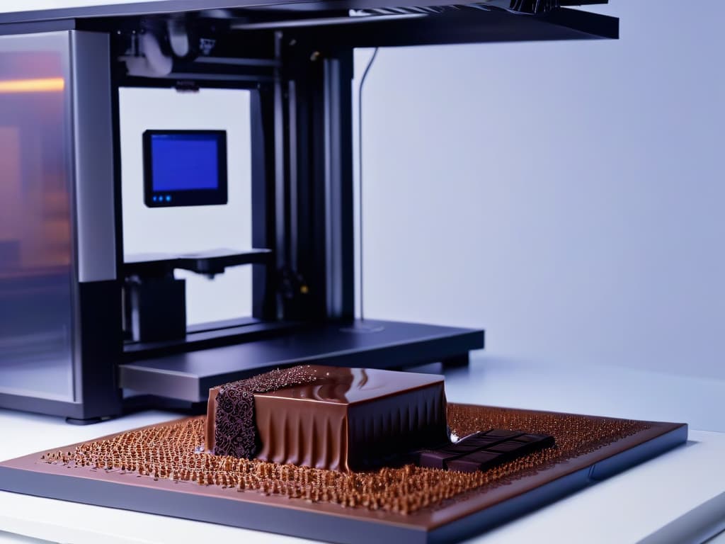  A minimalist 8k ultradetailed image of a sleek, modern 3D chocolate printer in action, delicately crafting intricate and artistic chocolate designs. The printer is surrounded by a soft ambient light that highlights the precision and creativity of the printing process, showcasing a mesmerizing display of chocolate art being brought to life layer by layer. hyperrealistic, full body, detailed clothing, highly detailed, cinematic lighting, stunningly beautiful, intricate, sharp focus, f/1. 8, 85mm, (centered image composition), (professionally color graded), ((bright soft diffused light)), volumetric fog, trending on instagram, trending on tumblr, HDR 4K, 8K