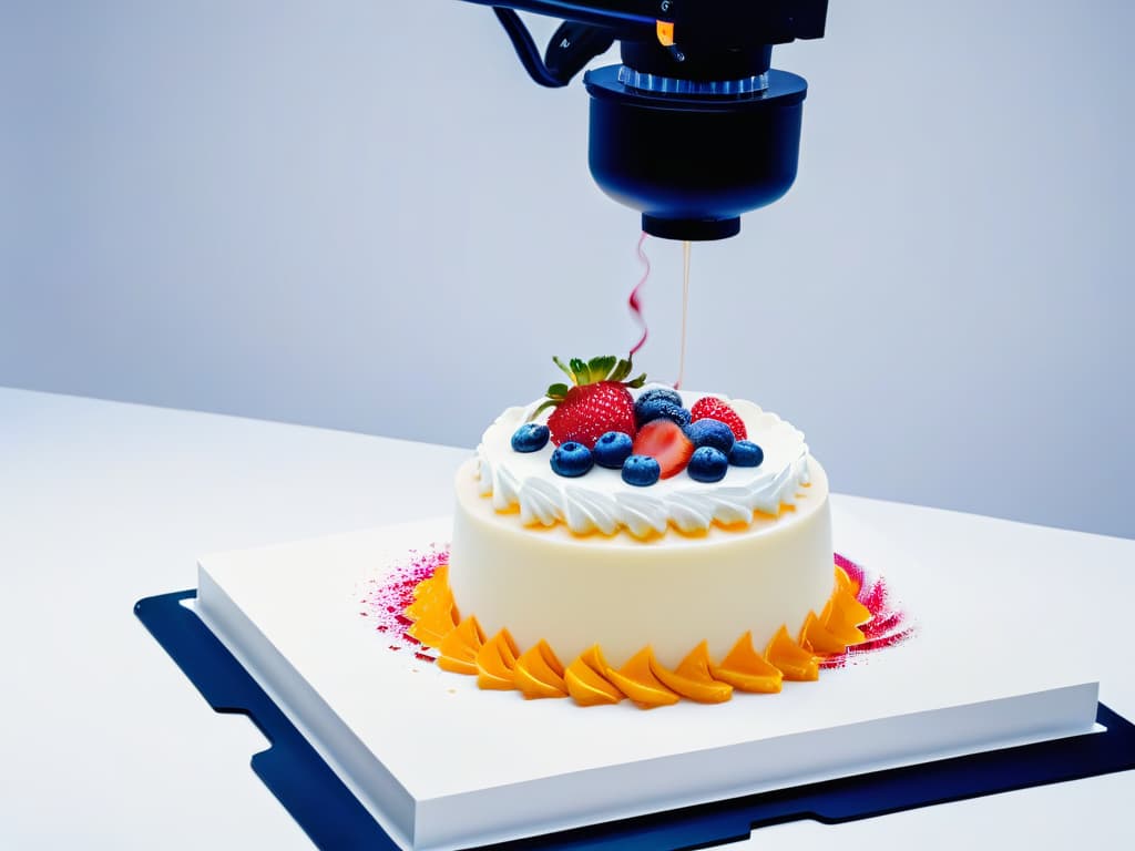  A sleek, minimalist 8k ultradetailed image of a hightech 3D food printer in action, delicately crafting intricate dessert designs using colorful edible materials. The machine is elegantly designed with smooth curves and a futuristic aesthetic, set against a clean, white backdrop to emphasize its advanced technology and precision in creating delectable sweet treats. hyperrealistic, full body, detailed clothing, highly detailed, cinematic lighting, stunningly beautiful, intricate, sharp focus, f/1. 8, 85mm, (centered image composition), (professionally color graded), ((bright soft diffused light)), volumetric fog, trending on instagram, trending on tumblr, HDR 4K, 8K