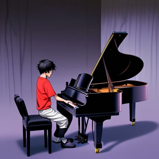  An anime boy playing piano in a dark room with a girl beside his shadow