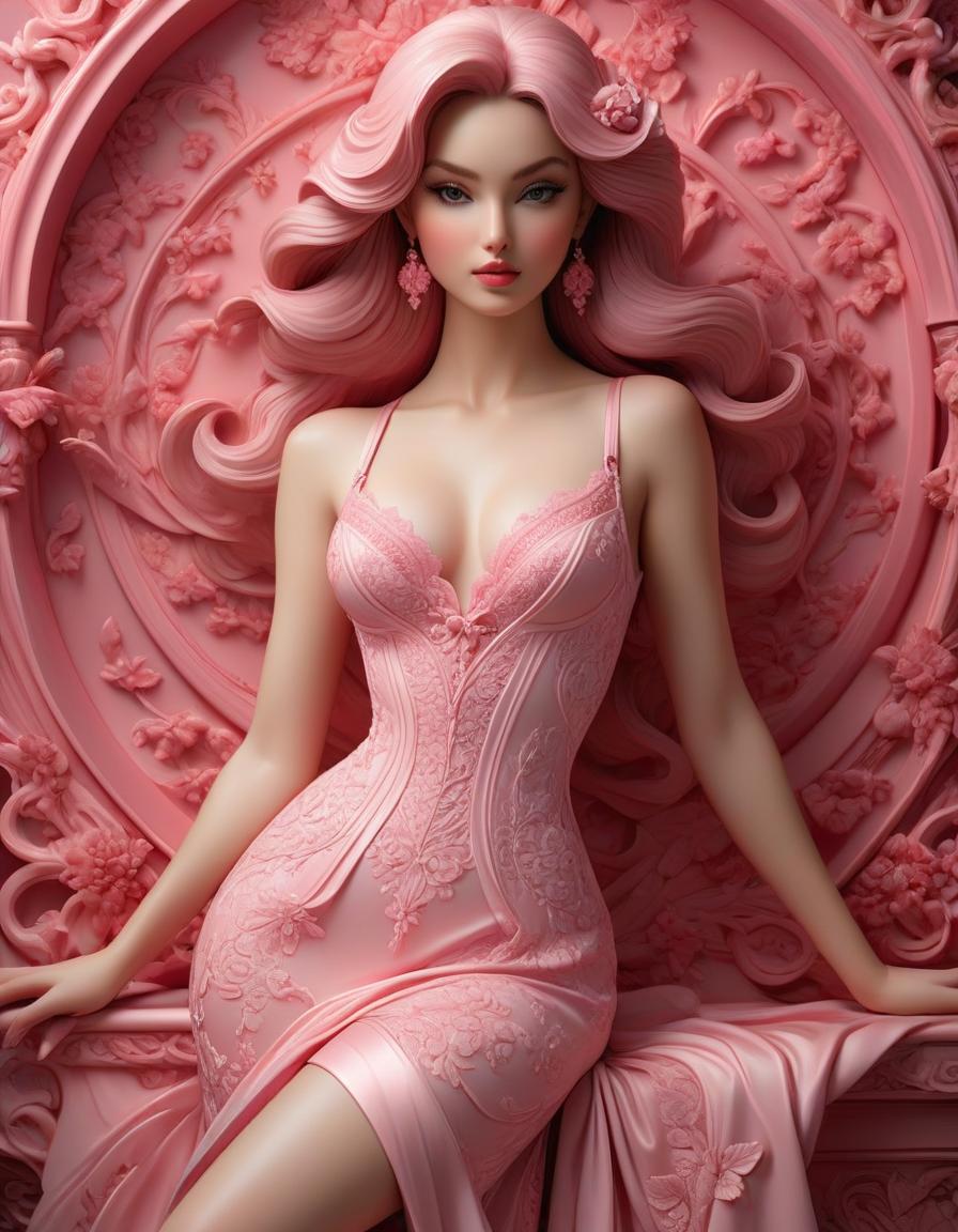  A stunningly detailed and intricately designed deepest pink glossy porcelain bas relief of the modern woman in ideal proportion body. Wearing highly ornate, airy sheer negligee. This is a full body shot in the style of a hyper realistic, ultra high resolution, high detail masterpiece with intricate details. hyperrealistic, full body, detailed clothing, highly detailed, cinematic lighting, stunningly beautiful, intricate, sharp focus, f/1. 8, 85mm, (centered image composition), (professionally color graded), ((bright soft diffused light)), volumetric fog, trending on instagram, trending on tumblr, HDR 4K, 8K