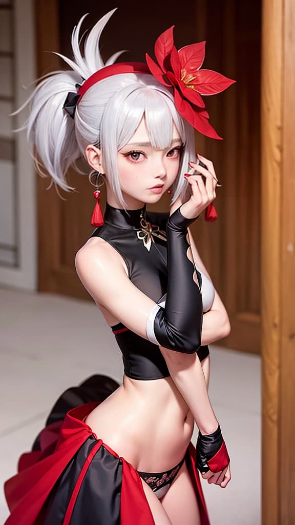  1,smile,silver hair,cowboy shot,sweet , 1, hair, hair ornament, , tattoo, flower tattoo, arm tattoo, black sash, ((hadanugi dousa)),(single bare shoulder), upper body, outdoors,Real skin texture, real photos, realistic, mirrors, busts,Flower tattoo, official art, grand art,best quality, high quality,, klee (genshin impact), hat, red headwear, solo, twintails, bangs, dress, red dress, gloves, low twintails, ahoge, pointy ears, red eyes, ,cabbie hat, white feathers, hat feather, long hair, hair between eyes, hair, bloomers, feathers,