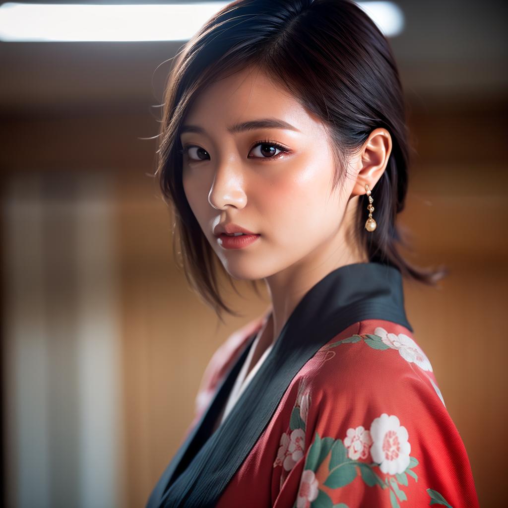  (masterpiece:1.3), (8k, photorealistic, photo, best quality: 1.4), (Japanese woman wearing clothes:),(realistic face), realistic eyes, (realistic skin), beautiful skin, kimono, (perfect body:1.3), (detailed body:1.2), hyperrealistic, full body, detailed clothing, highly detailed, cinematic lighting, stunningly beautiful, intricate, sharp focus, f/1. 8, 85mm, (centered image composition), (professionally color graded), ((bright soft diffused light)), volumetric fog, trending on instagram, trending on tumblr, HDR 4K, 8K