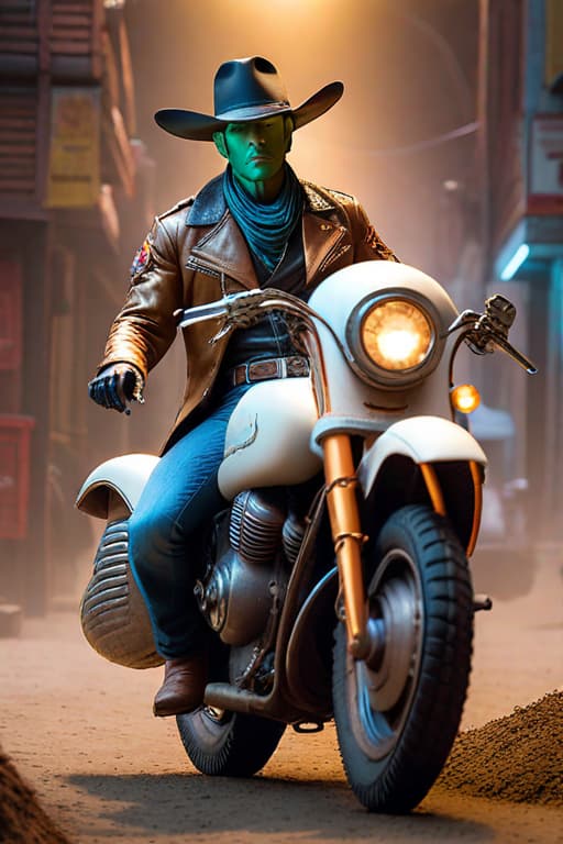  Alien cowboy riding chicken hyperrealistic, full body, detailed clothing, highly detailed, cinematic lighting, stunningly beautiful, intricate, sharp focus, f/1. 8, 85mm, (centered image composition), (professionally color graded), ((bright soft diffused light)), volumetric fog, trending on instagram, trending on tumblr, HDR 4K, 8K