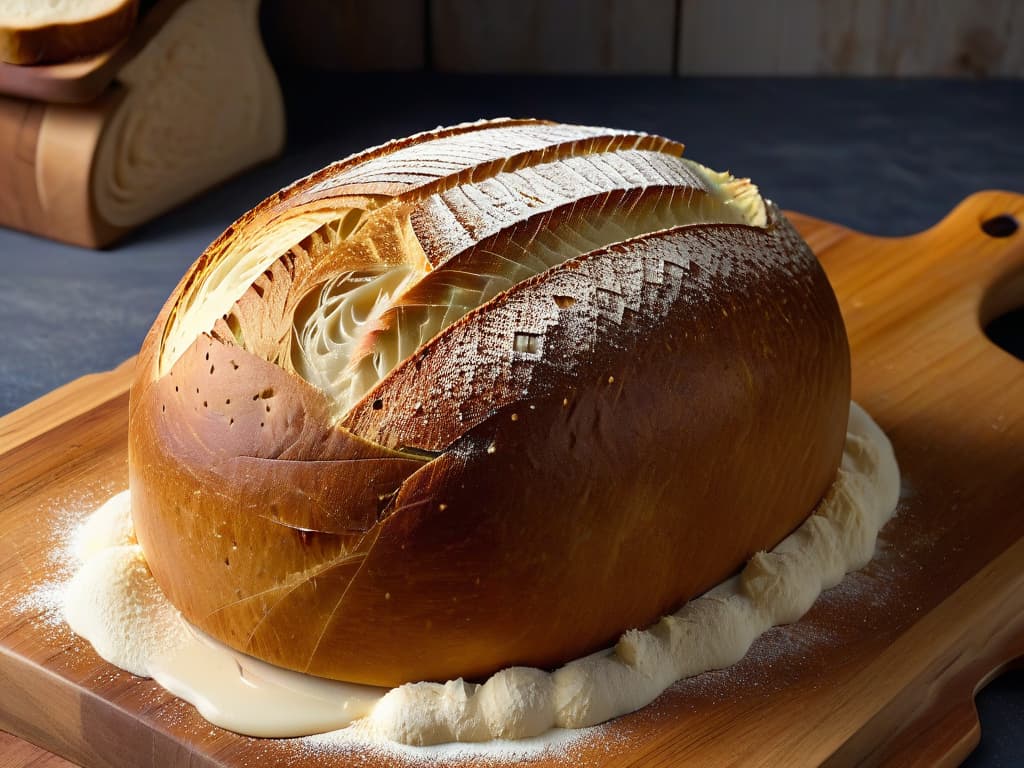  A closeup, ultradetailed image of a perfectly scored loaf of sourdough bread, showcasing the intricate patterns and textures of the crust. The bread is placed on a rustic wooden cutting board with a scattering of flour around it, highlighting the craftsmanship and artistry of artisanal breadmaking. hyperrealistic, full body, detailed clothing, highly detailed, cinematic lighting, stunningly beautiful, intricate, sharp focus, f/1. 8, 85mm, (centered image composition), (professionally color graded), ((bright soft diffused light)), volumetric fog, trending on instagram, trending on tumblr, HDR 4K, 8K