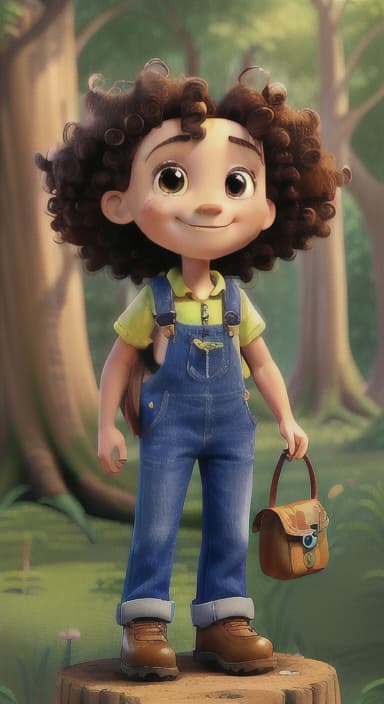  {The tree with a smiling face formed by its bark, looking down at Riley., Riley, a curious with big brown eyes and curly hair, wearing overalls and carrying a small backpack. Their friend, Skye, a bluebird with shiny feathers.