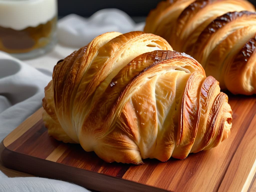  A closeup, ultradetailed photograph of a perfectly goldenbrown, flaky croissant, delicately placed on a rustic wooden cutting board. The layers of the croissant are clearly visible, showcasing its buttery, airy texture. The natural light streaming in from the side highlights the glossy sheen of the pastry, while a few scattered crumbs hint at its irresistible freshness. hyperrealistic, full body, detailed clothing, highly detailed, cinematic lighting, stunningly beautiful, intricate, sharp focus, f/1. 8, 85mm, (centered image composition), (professionally color graded), ((bright soft diffused light)), volumetric fog, trending on instagram, trending on tumblr, HDR 4K, 8K