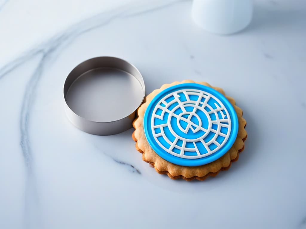  A closeup, ultradetailed image of a sleek, modern cookie cutter made of brushed stainless steel, resting on a pristine white marble countertop. The cookie cutter features intricate geometric patterns and a smooth, ergonomic handle, reflecting a perfect balance of form and function. The lighting is soft yet highlights every precise detail of the cutter, showcasing its innovative design and premium quality. hyperrealistic, full body, detailed clothing, highly detailed, cinematic lighting, stunningly beautiful, intricate, sharp focus, f/1. 8, 85mm, (centered image composition), (professionally color graded), ((bright soft diffused light)), volumetric fog, trending on instagram, trending on tumblr, HDR 4K, 8K