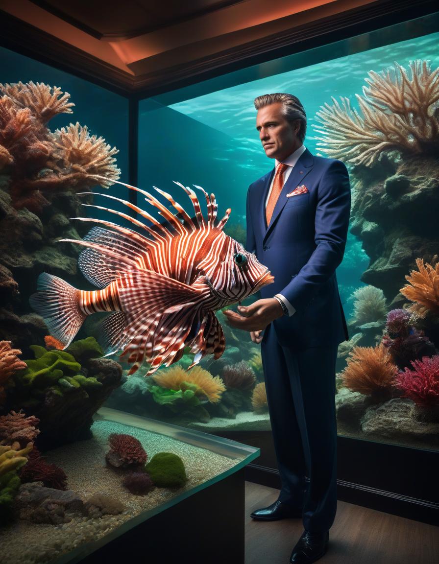  Photorealism, a millionaire man in an expensive suit stands next to a lionfish aquarium with a small jar of food, electric colors hyperrealistic, full body, detailed clothing, highly detailed, cinematic lighting, stunningly beautiful, intricate, sharp focus, f/1. 8, 85mm, (centered image composition), (professionally color graded), ((bright soft diffused light)), volumetric fog, trending on instagram, trending on tumblr, HDR 4K, 8K