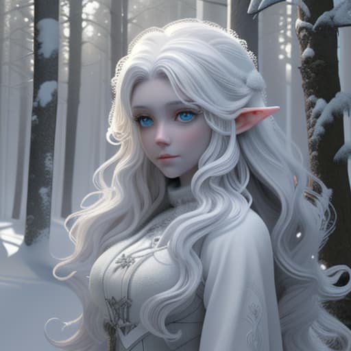  Elven white curly haired girl in white forest with snow with wolves