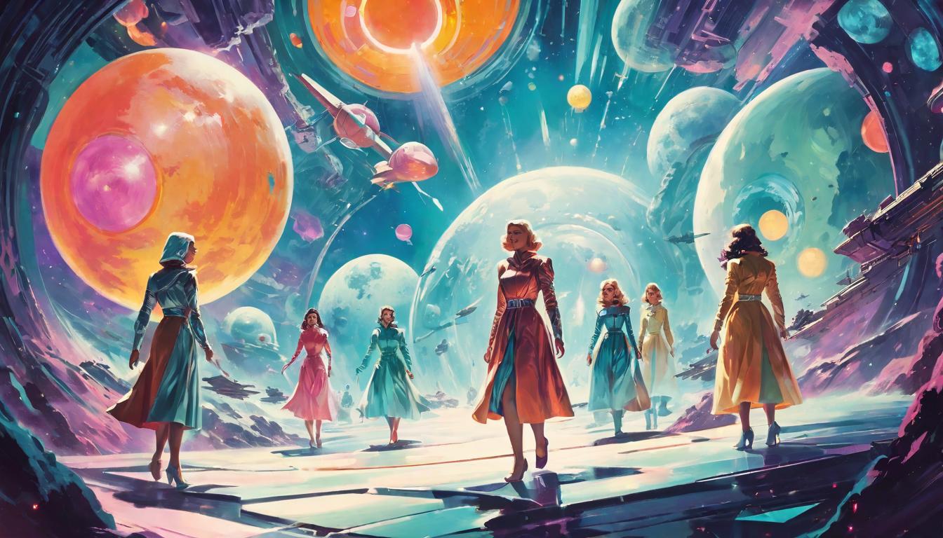  retro futuristic Group of women floating in an ethereal space, colorful dimensional portals opening around them, showcasing a variety of realities, essence of freedom and expansion lvintage sci fi, 50s and 60s style, atomic age, vibrant, highly detailed