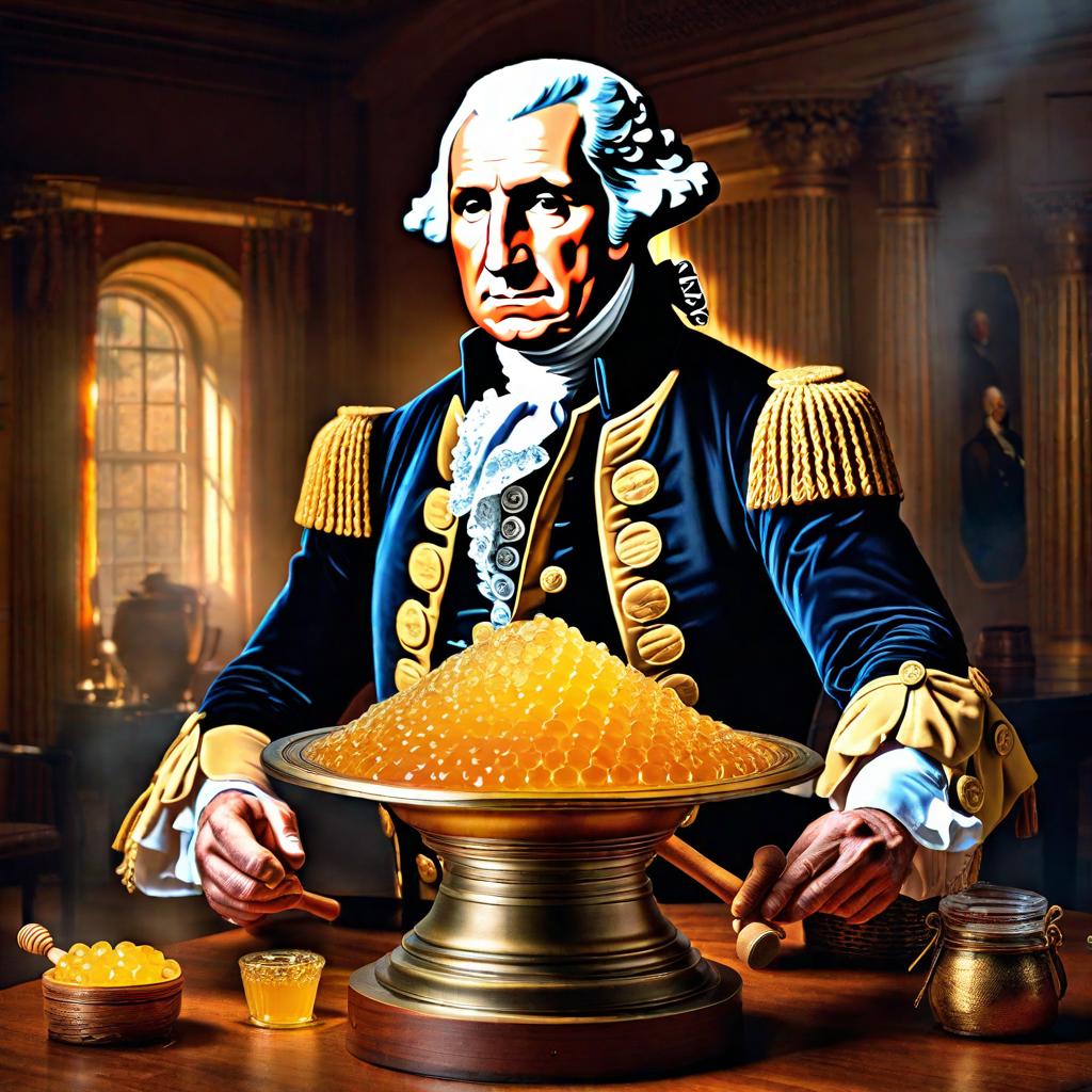  george washington emptying a honeypot hyperrealistic, full body, detailed clothing, highly detailed, cinematic lighting, stunningly beautiful, intricate, sharp focus, f/1. 8, 85mm, (centered image composition), (professionally color graded), ((bright soft diffused light)), volumetric fog, trending on instagram, trending on tumblr, HDR 4K, 8K