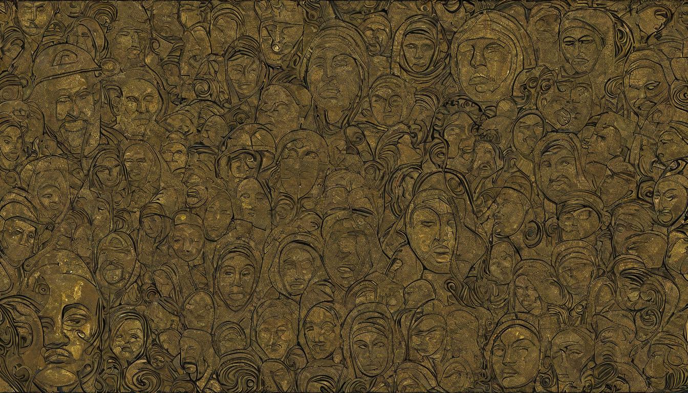  （surrealism)+++A tapestry of faces, each bearing expressions of strength and vulnerability, connected by golden threads, Mosaic of humanity, expressions detailed, strength in vulnerability, interweaving stories, unity in diversity, a testament to resilience looking at viewer,(intricate details, masterpiece, best quality)++