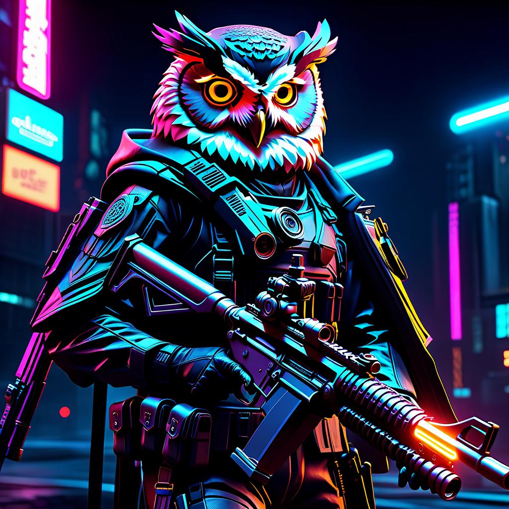  cyberpunk game style OWL with marksman rifle . neon, dystopian, futuristic, digital, vibrant, detailed, high contrast, reminiscent of cyberpunk genre video games hyperrealistic, full body, detailed clothing, highly detailed, cinematic lighting, stunningly beautiful, intricate, sharp focus, f/1. 8, 85mm, (centered image composition), (professionally color graded), ((bright soft diffused light)), volumetric fog, trending on instagram, trending on tumblr, HDR 4K, 8K