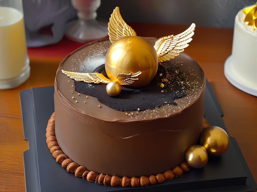  An ultradetailed image of a minimalist black plate holding a freshly baked golden snitch cake, intricately decorated with shimmering edible gold dust, delicate golden wings made of thinly sliced almonds, and surrounded by a sprinkle of edible glitter resembling magical fairy dust. The cake itself is a rich chocolate sponge with a hidden layer of creamy butterbeer filling, exuding an enchanting aroma of warm vanilla and caramel. The background is softly blurred, enhancing the focus on the exquisite details of the golden snitch cake, evoking a sense of wonder and magic that perfectly encapsulates the fusion of baking and the wizarding world of Harry Potter. hyperrealistic, full body, detailed clothing, highly detailed, cinematic lighting, stunningly beautiful, intricate, sharp focus, f/1. 8, 85mm, (centered image composition), (professionally color graded), ((bright soft diffused light)), volumetric fog, trending on instagram, trending on tumblr, HDR 4K, 8K