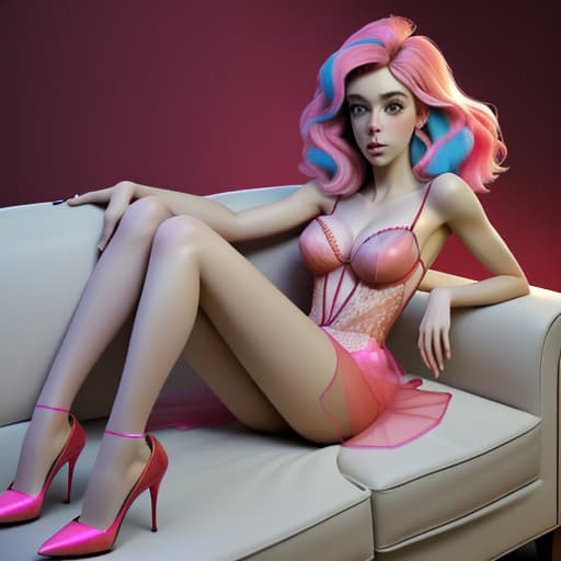  Vanessa Kirby lying at her side on the couch wearing transparant evening pink and blue mixed coloured silk short dress showing long legs in red high heel shoes,wearing lingerie,one arm on the hip