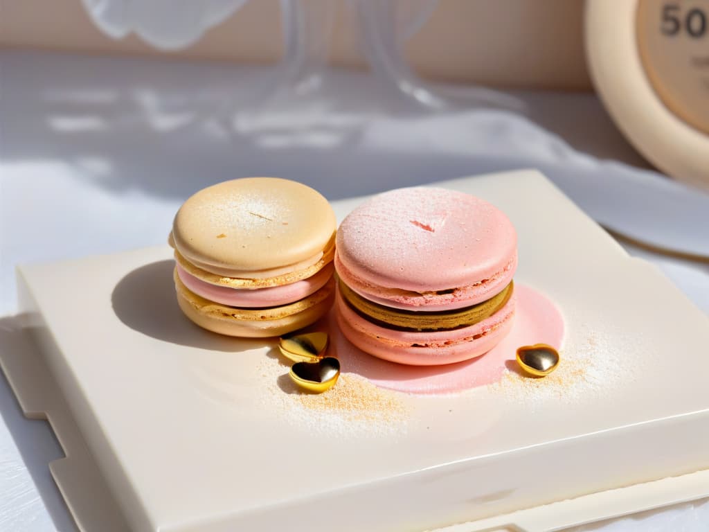  A closeup, ultradetailed image of a perfectly formed pastel pink macaron with a smooth, glossy shell, delicate feet, and a light dusting of shimmering edible gold powder on top. The macaron rests on a pristine white marble surface, casting a soft shadow underneath, creating a luxurious and elegant aesthetic. The intricate details of the cookie's texture and the gold accents convey a sense of precision and craftsmanship, making it a visually captivating and enticing image for the readers. hyperrealistic, full body, detailed clothing, highly detailed, cinematic lighting, stunningly beautiful, intricate, sharp focus, f/1. 8, 85mm, (centered image composition), (professionally color graded), ((bright soft diffused light)), volumetric fog, trending on instagram, trending on tumblr, HDR 4K, 8K