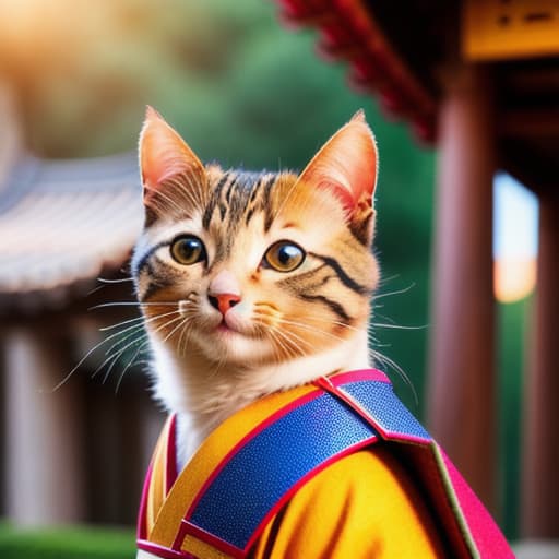  An ancient anthropomorphic cat samurai using an ancient samurai armor, photography, beautiful, bokeh temple background, colorful, masterpieces, top quality, best quality, official art, beautiful and aesthetic, realistic